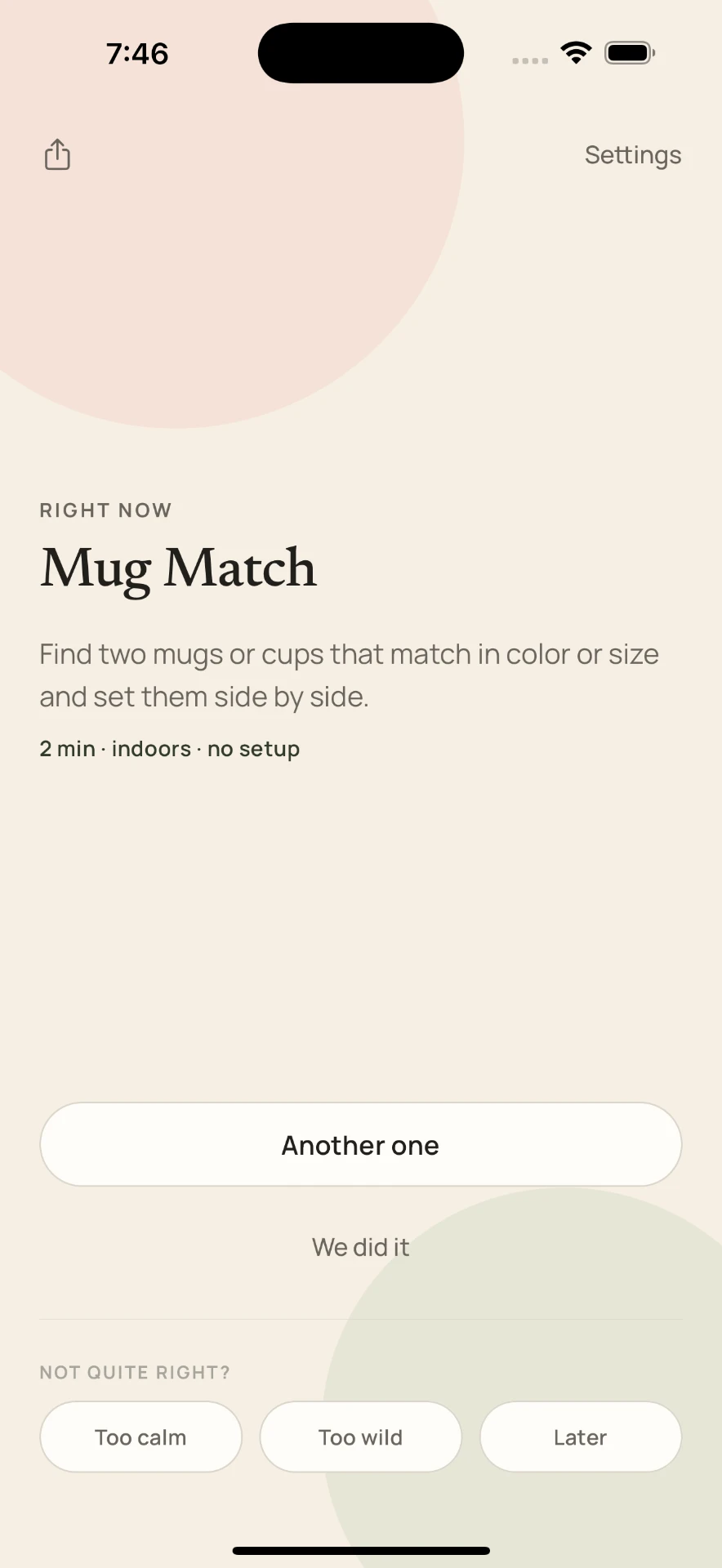 Tiny Missions home screen showing the Mug Match activity