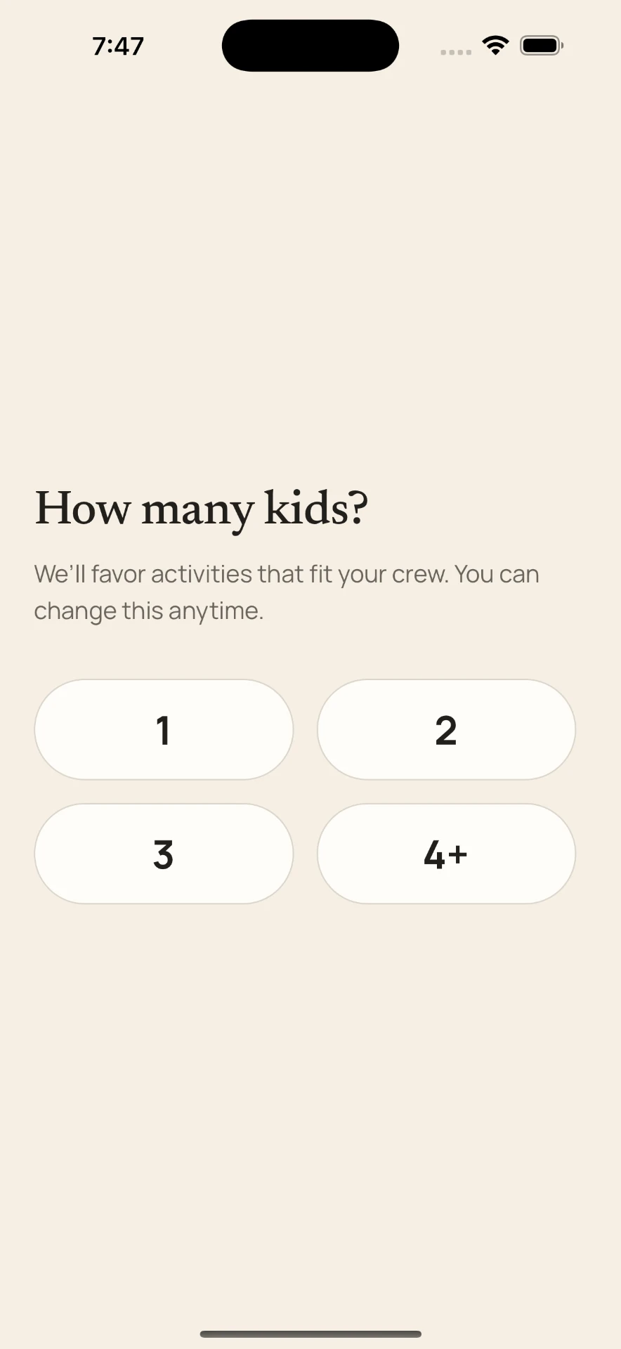 Tiny Missions onboarding asking how many kids are in the family