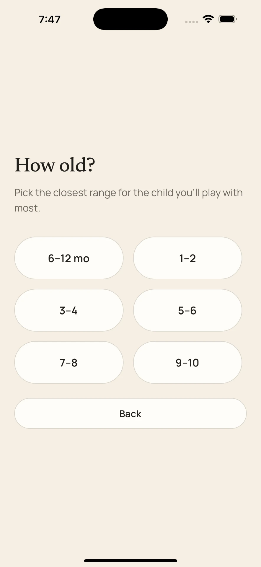 Tiny Missions onboarding asking the age range of the child