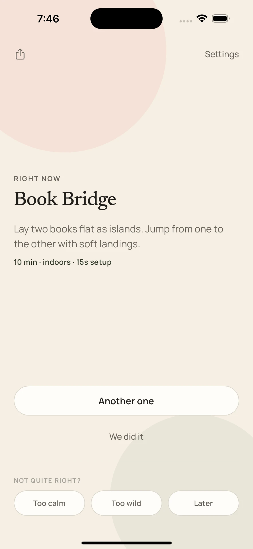 Tiny Missions home screen showing the Book Bridge activity